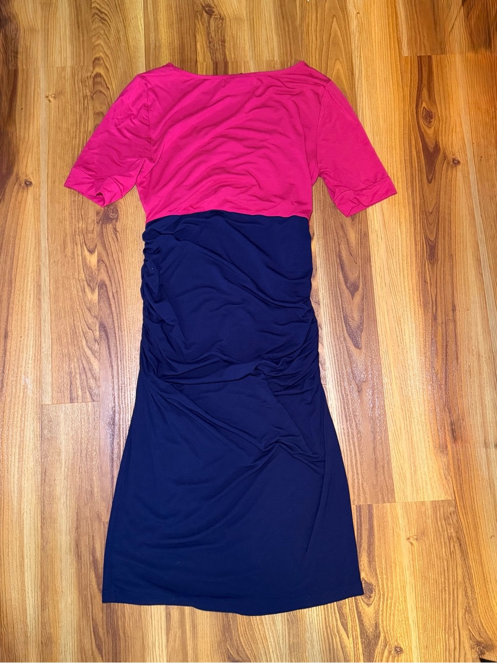 Ruched Colorblock Midi Dress in Pink and Navy